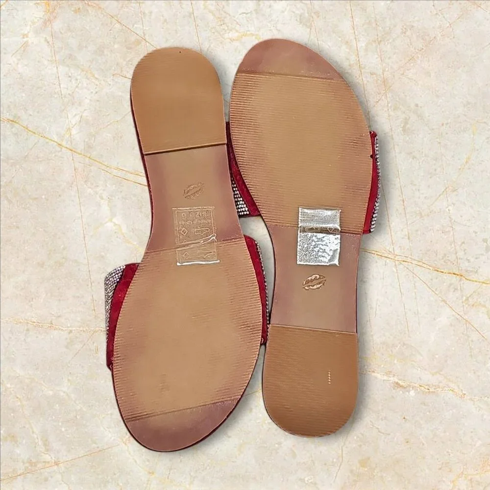Womens Wine Rhinestone Flat Slide Sandals
